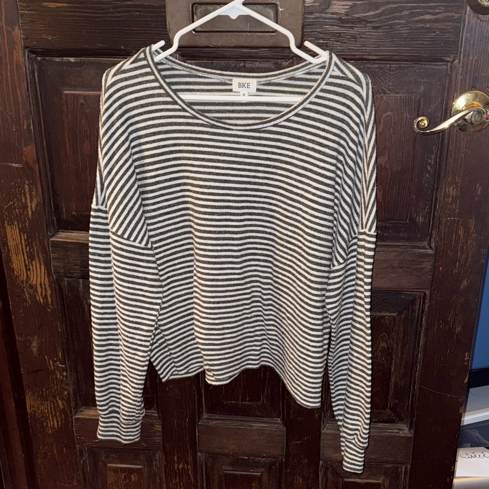 BKE Charcoal and White Striped Crew Neck Sweater